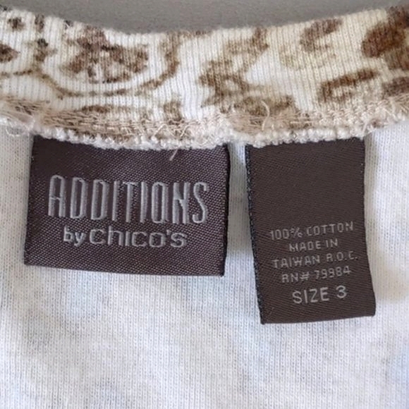 Chico's Short Sleeve Cotton V-neck Printed Top, Brown / Beige / Turquoise - Picture 6 of 7